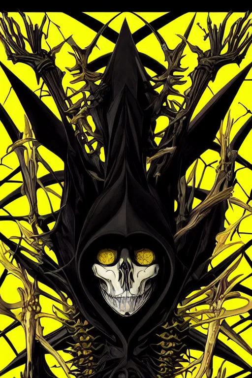 Image similar to black and yellow flat color, artgerm, joshua middleton, mucha, richard corben, wayne barlowe, moebius, heavy metal comic cover art, psychedelic triangular skeletal calcification fungus lich in darkiron spike armor, full body, hollow eyes, symmetrical face, long black crown, in a dungeon background, moody dark colors