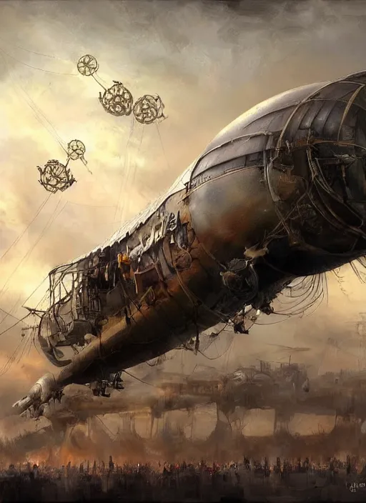 Image similar to steam punk airship painted by raymond swanland