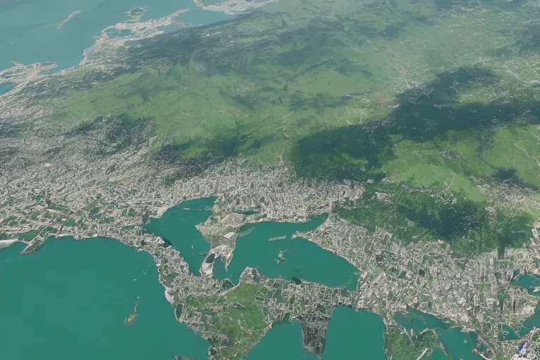 Prompt: satellite image of a bay town facing north, green mountains to the south, and a castle across the bay