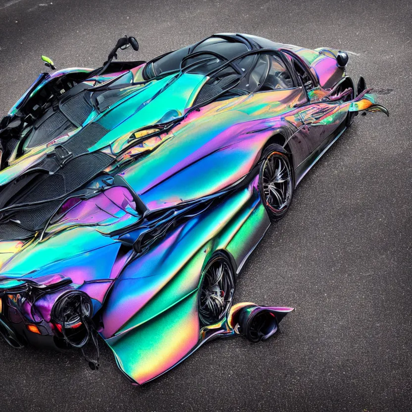 Image similar to close - up of an iridescent rainbow pagani huayra in an empty parking lot, after crashing crumpled body, smoke, melted plastic, puddles of fluid, 4 k, highly detailed, award winning, look at all that detail!