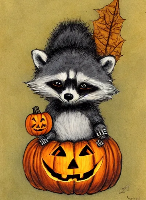 Image similar to halloween pumpkin in the shape of a raccoon by Rebecca Guay art, high quality, highly detailed,