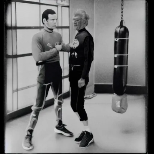 Prompt: a polaroid picture of Dr Emmet Brown and Commander Spock working out in a gym, 4k,