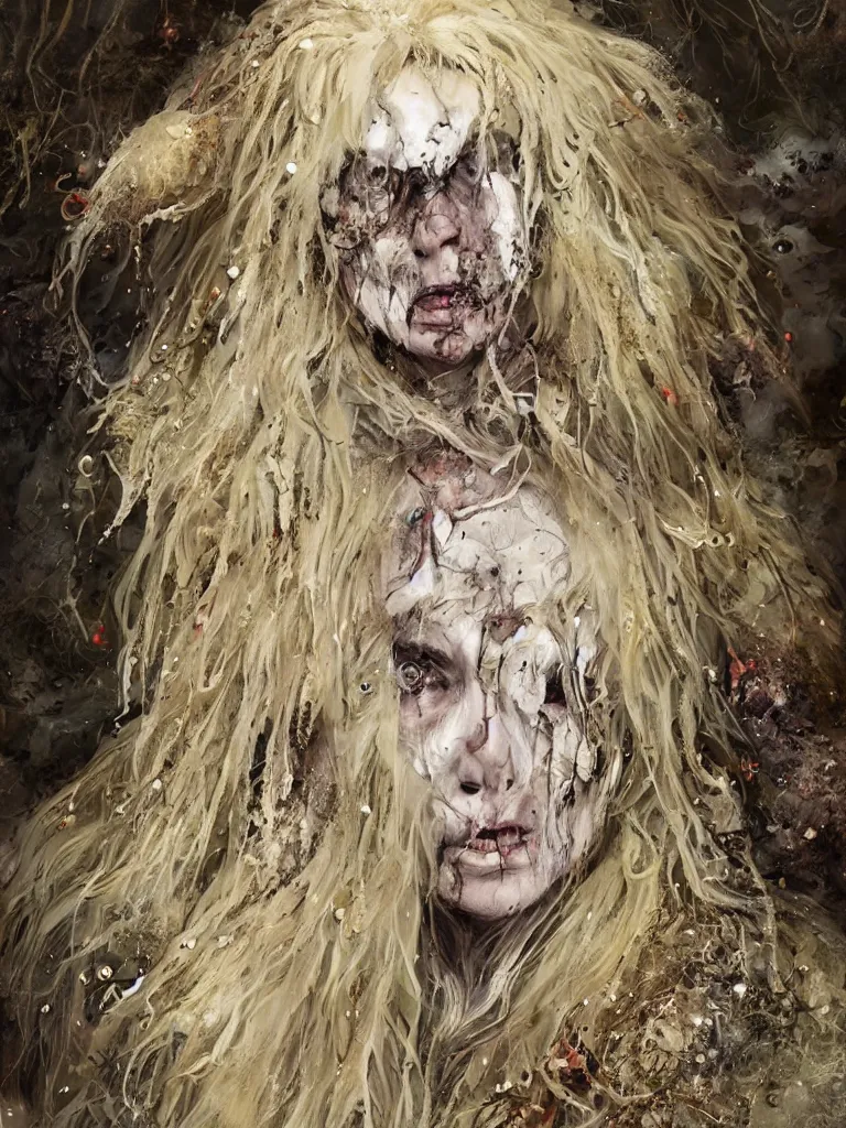 Image similar to splatterpunk portrait of an old witch with cream coloured hair wearing a heavy dark feathered and fur lined cloak in a cloistered woodland, James Gleeson inspired, golden accents, face, fantasy, intricate, highly detailed, digital painting, artstation, concept art, smooth, sharp focus, illustration, art by Wei Fan and Fernanda Suarez and Artem Demura and alphonse mucha