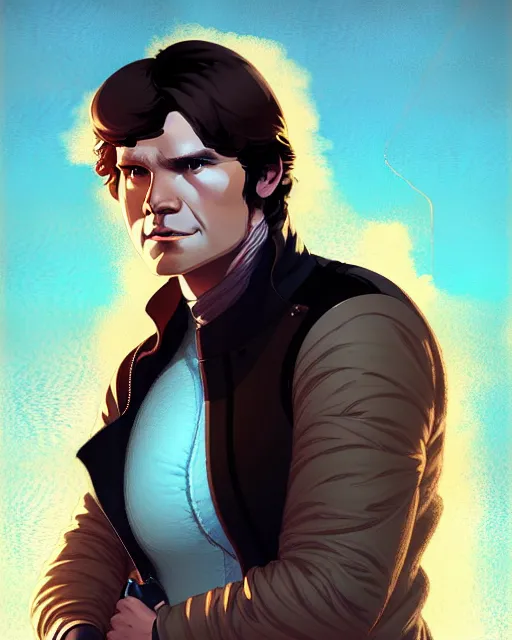 Image similar to portrait of man with dark hair and golden eyes, han solo, by atey ghailan, by greg rutkowski, by greg tocchini, by james gilleard, by joe fenton, by kaethe butcher, dynamic lighting, gradient light blue, brown, blonde cream and white color scheme, grunge aesthetic