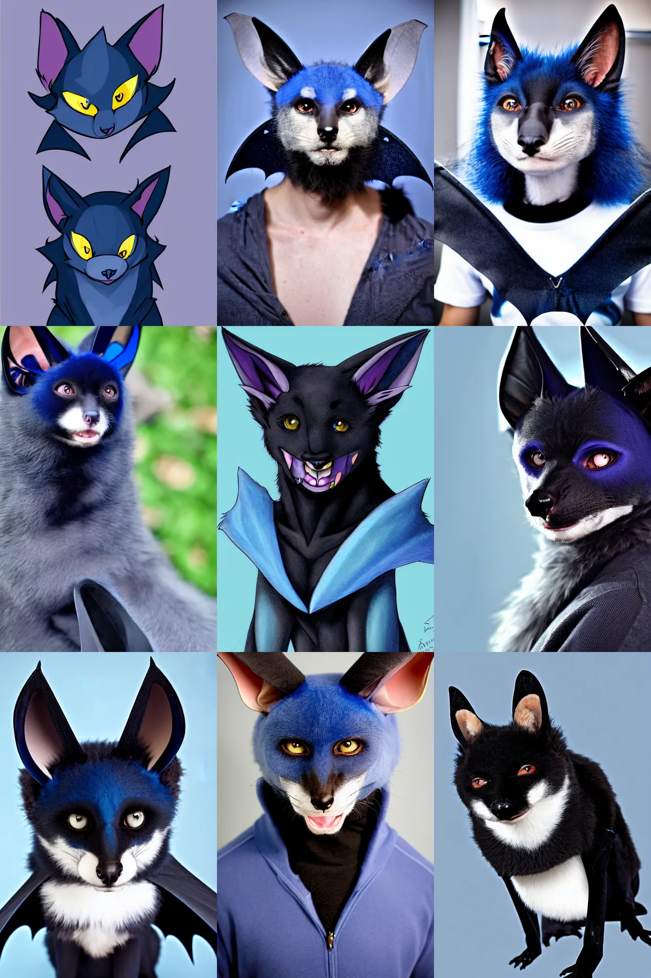 Prompt: a blue - and - black male catbat fursona ( from the furry fandom ) with huge bat ears and heterochromia, photo portrait