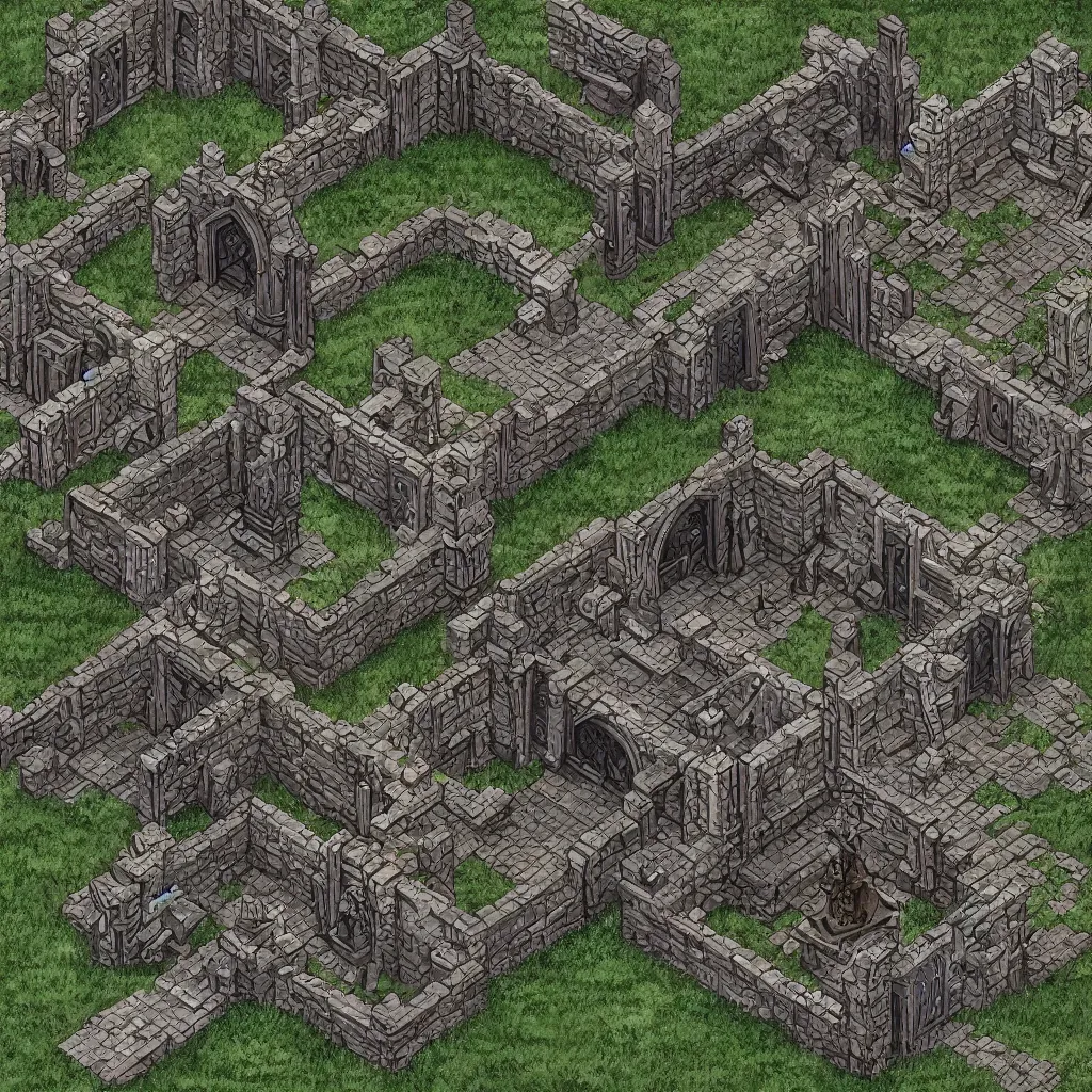 Image similar to tomb of elemental evil, isometric view, tileset, dungeons and dragons art by d. a. trampier, d & d tabletop miniature