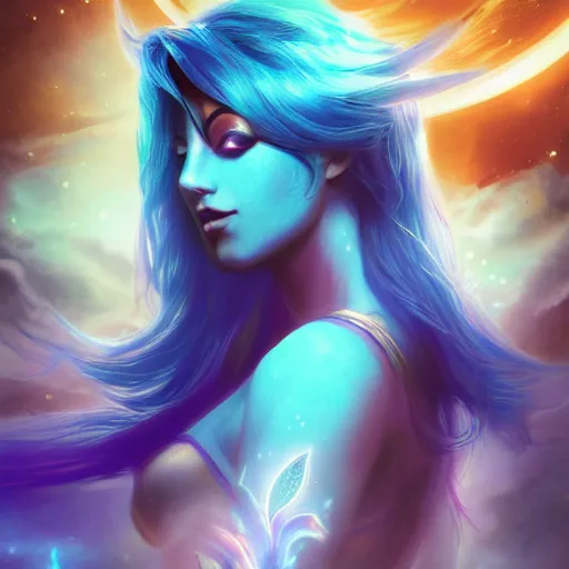 Image similar to a beautiful tarot card of sona with teal colored hair with deep red highlights, female, league of legends, space fantasy, in the style of magic the gathering, volumetric lighting, octane render, cosmic, god rays, intricate detail, cinematic, 8 k, cel shaded, unreal engine, concept art, matte, sharp focus, illustration, art by greg rutkowski and alphonse mucha