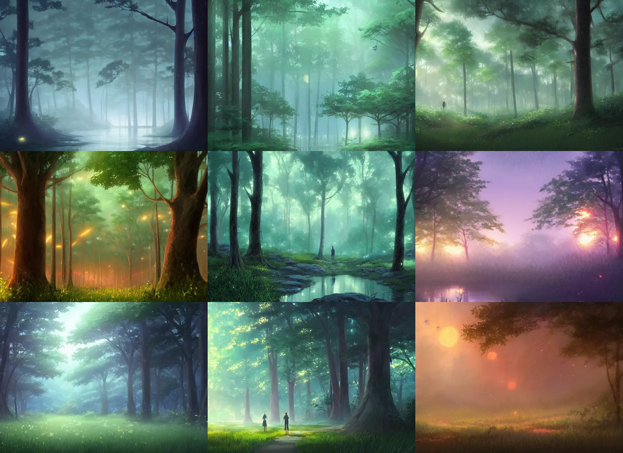Prompt: a tranquil misty forest at night with fireflies, anime, lush trees, a fantasy digital painting by makoto shinkai, trending on artstation, highly detailed