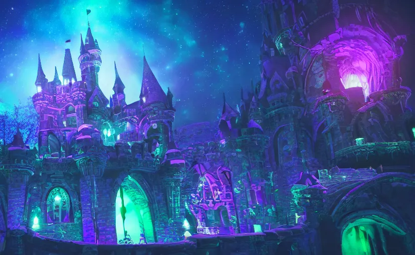 Prompt: enchanted castle, pro - vida, cosmic integration, cosmic color scheme, macro up view, neon, glow, darkness, dramatic, sharp focus, octane render, imax