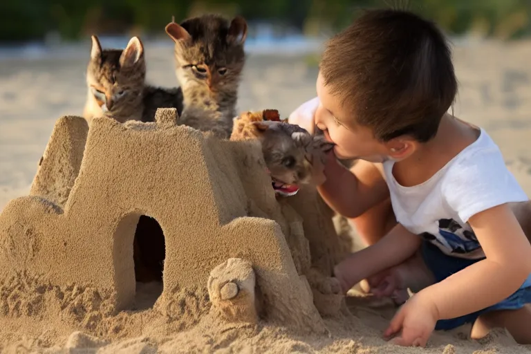 Prompt: two kittens touching a sand castle with two children