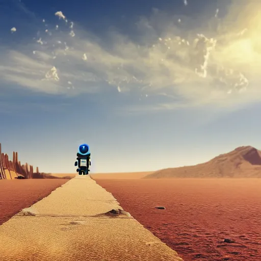 Image similar to a far away view of robot walking through the desert with a destroyed bridge in the distance, beautiful digital art, 8 k