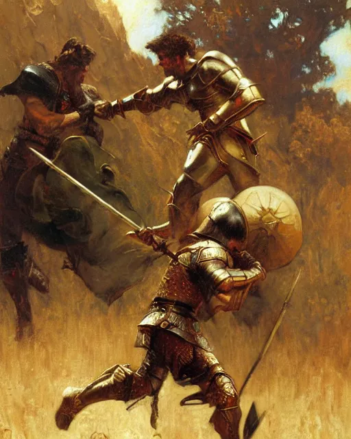 Image similar to rugged knight battles a hydra, painting by gaston bussiere, craig mullins, j. c. leyendecker