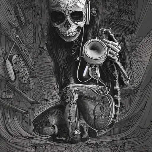 Image similar to skeleton wearing headphones, watching girl playing guitar while her black cat standing next to her, detailed intricate ink illustration, dark atmosphere, detailed illustration, hd, 4k, digital art, overdetailed art, by greg rutkowski, by loish, complementing colors, Trending on artstation