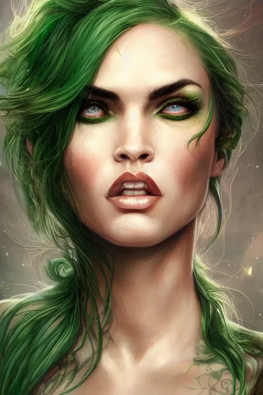 Image similar to closeup portrait shot of green hair tattooed pinup megan fox, rogue bard, dnd, highly detailed, digital painting, artstation, concept art, soft focus, depth of field, artgerm, tomasz alen kopera, peter mohrbacher, donato giancola, wlop, boris vallejo