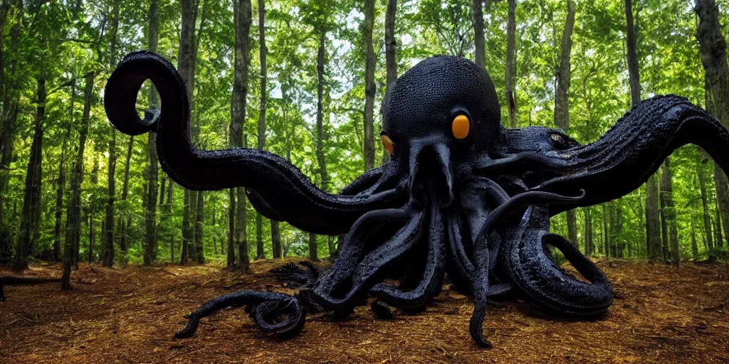 Prompt: a highly detailed giant black octopus god in the middle of a forest, beautiful ambient light, sun rays hitting the slightly transparent creature, golden hour, 8k photography