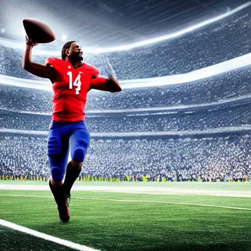 Image similar to american football player holding a soccer ball, 8 k, unreal engine, hyperrealistic