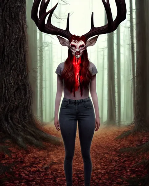 Image similar to surrounded by trees, full body realistic character concept, gorgeous Kacey Rohl, red hair, small freckles, Wendigo creature antlers deer skull face, symmetrical face, symmetrical eyes, covered in blood, dark forest, trees, shorter neck, cinematic lighting, Joshua Middleton and artgerm, fear anxiety terror