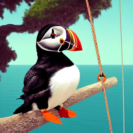 Prompt: realistic puffin sitting on a big swing, hyper detailed, trending on artstation