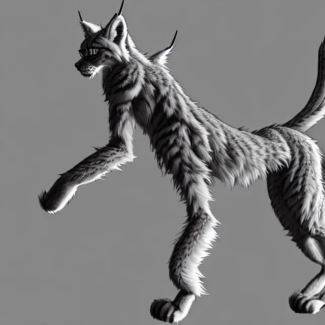 Image similar to the full body of anthropomorphic lynx fursona from behind wearing a steampunk suit as unimaginably beautiful, gorgeous, elegant, young woman with lynx head, an ultrafine hyperdetailed illustration by furaffinity, intricate linework, white fur, unreal engine 5 highly rendered, global illumination, radiant light, detailed and intricate environment