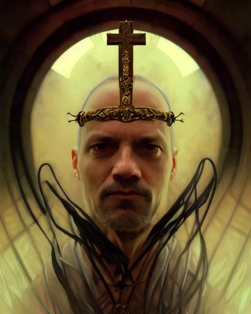 Prompt: realistic portrait of a nasty bishop, inverted cross, evil, heroic pose, beautiful face, bible, full body, dramatic lighting, intricate, wild, highly detailed, digital painting, artstation, concept art, smooth, sharp focus, illustration, art by artgerm and greg rutkowski and alphonse mucha, footage from space camera