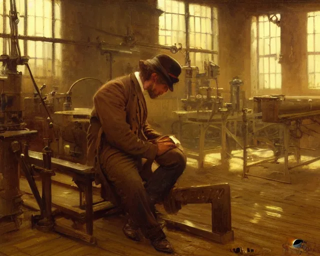 Image similar to attractive man working hard at an 1 9 th century factory. highly detailed painting by gaston bussiere, craig mullins, j. c. leyendecker 4 k