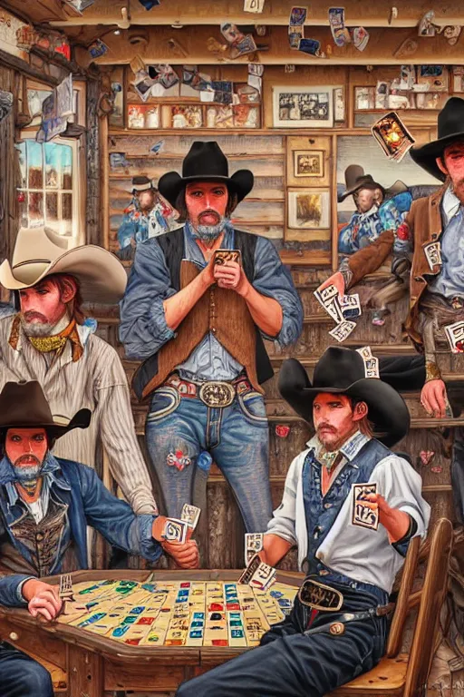 Image similar to full view, from a distance, of cowboys in the saloon playing card games, style of yoshii chie and hikari shimoda and martine johanna, highly detailed