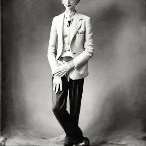 Image similar to High resolution 1930s portrait of a young anorexic man with very long hair and extravagant clothes