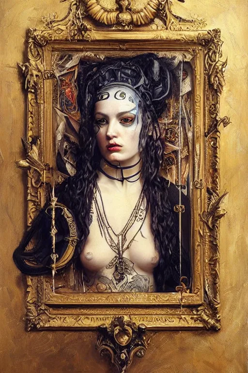 Image similar to hyper realistic painting portrait of punk queen, occult diagram, elaborate details, detailed face, intrincate ornaments, gold decoration, occult art, oil painting, art noveau, in the style of roberto ferri, gustav moreau, jean delville, bussiere, andrew gonzalez
