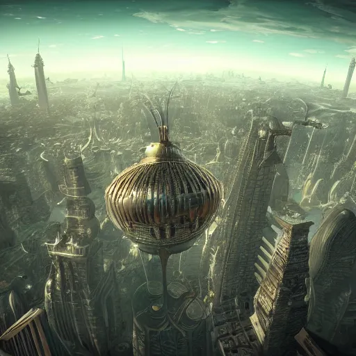 Image similar to enormous flying city in a faberge egg, sky, steampunk, fantasy art, masterpiece, unreal engine, hugh ferriss