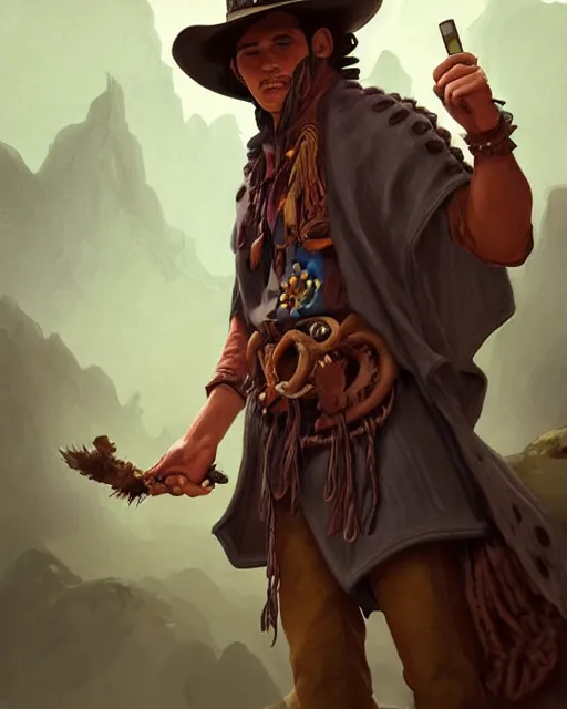 Image similar to misterious cowboy gaucho with a raggy knit poncho. magic the gathering style, intricate, highly detailed, digital painting, artstation, concept art, sharp focus, illustration, geometric dripped ink background, hearthstone, art by Artgerm and Greg Rutkowski and Alphonse Mucha