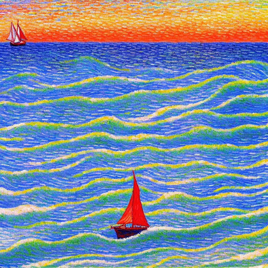 Prompt: beautiful Rolling waves, with a distant, red sailed yacht in the style of Monet and Signac and painted in a style of painting similar to Van Gogh but more impasto and less hatching