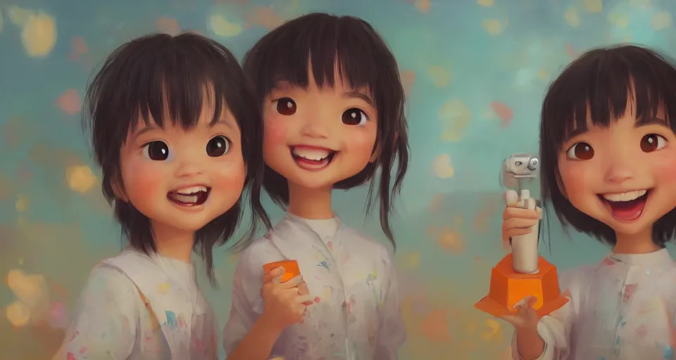 Image similar to a painting of cute Asian girls smiling, in the style of Pixar animation, low angle view, 16mm lens, award winning, hyper detailed, dramatic lighting, artstation, octane renderer, unreal engine