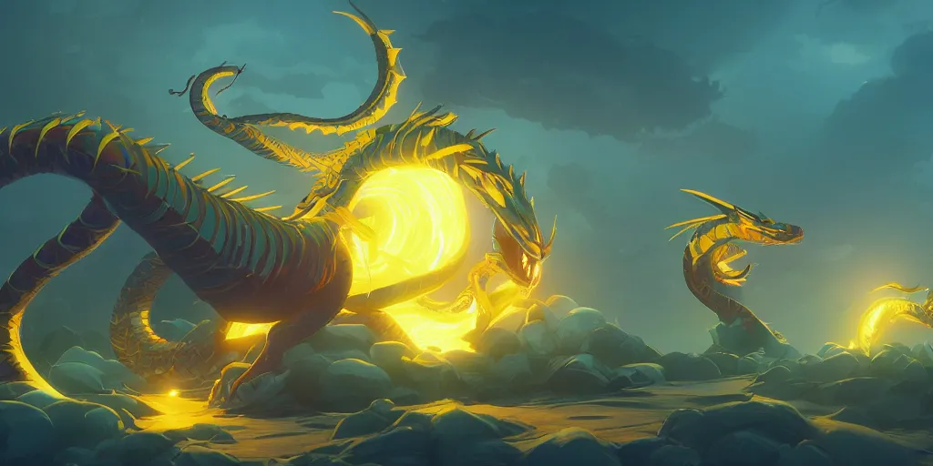 Image similar to shenron dragon glowing yellow, reaching to sky, octane render, unreal engine 5, hyperdetailed, masterpiece, matte painting concept blizzard pixar maya engine on night stylized background splash artstation lois van baarle, ilya kuvshinov, rossdraws