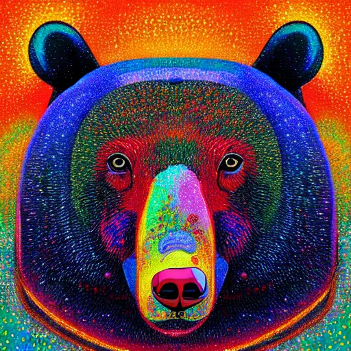 Image similar to a painting of a bear's face with red, yellow, and blue colors, a pointillism painting by mati klarwein, shutterstock contest winner, computer art, impressionism, digitally enhanced, painterly