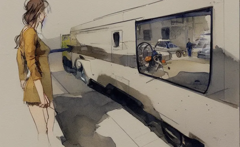 Image similar to concept art of a trailer, pinterest, artstation trending, behance, watercolor, by coby whitmore, silver, laser light,