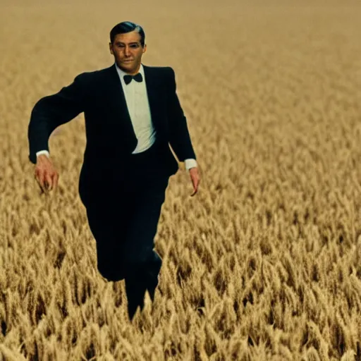 Prompt: close up of cary grant as roger o. thornhill from north by northwest running from a flying biplane in a wheat field. cinematic, 5 0 mm, volume lighting