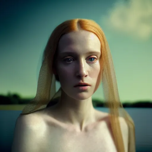 Image similar to photographic portrait of a stunningly beautiful english renaissance female in soft dreamy light at sunset, beside the river, soft focus, contemporary fashion shoot, in a denis villeneuve and tim burton movie, by edward robert hughes, annie leibovitz and steve mccurry, david lazar, jimmy nelsson, extremely detailed, breathtaking, hyperrealistic, perfect face, octane render