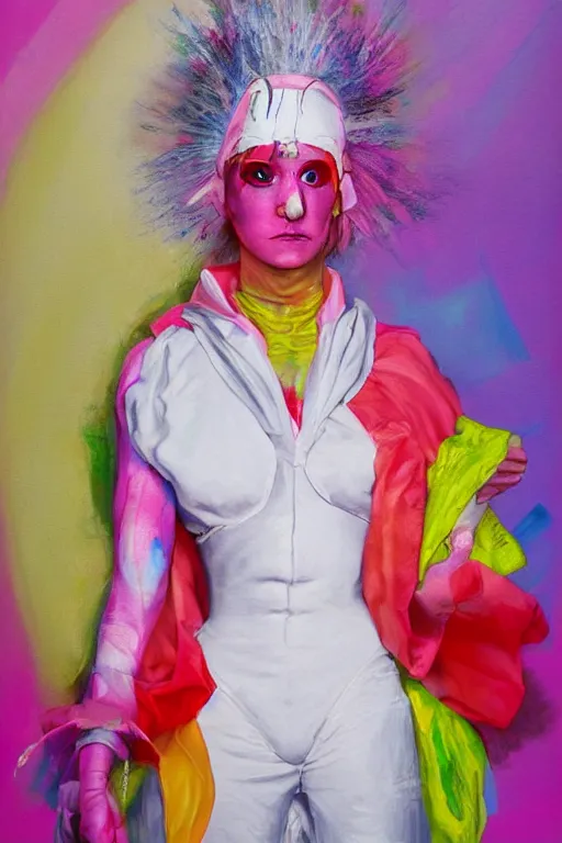 Image similar to a character wearing a white costume, with fluo colored details, muted colors, vivienne westwood, satoshi con, hyper real painting