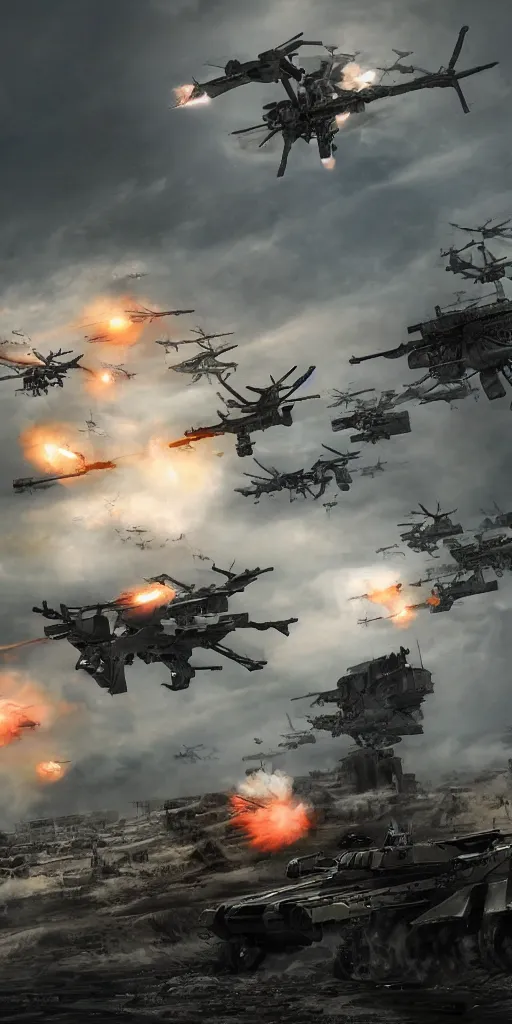 Image similar to concept art, world war iii, war scenes, super wide - angle, uav, soldiers'remote command, special forces'launching kinetic energy weapons, launching tracking missiles, armor piercing missiles, drag light bombs, backlight, cyberpunk, future technology, smooth lines, high details, 8 k, octane rendering, unreal engine.