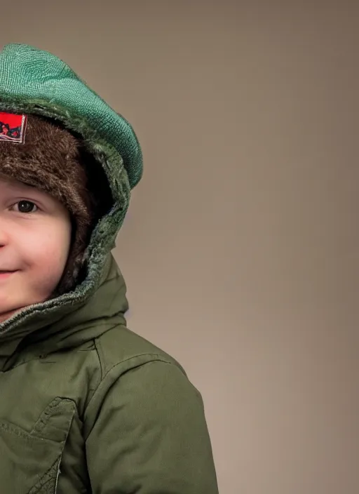 Image similar to portrait photo still of real life young stan marsh wearing a green trapper hat, 8 k, 8 5 mm, f. 1 4