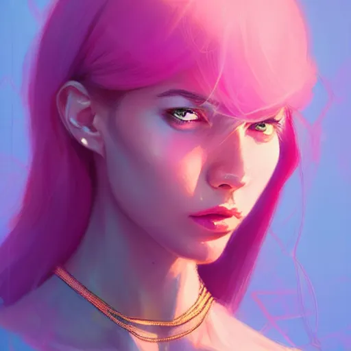 Image similar to portrait of beautiful woman marvel character, confident pose, strong jewelry, wearing chains. pastel pink, bright colors, sharp focus, illustration, highly detailed, concept art, matte, trending on artstation, anime, art by wlop and artgerm and greg rutkowski, h 6 4 0