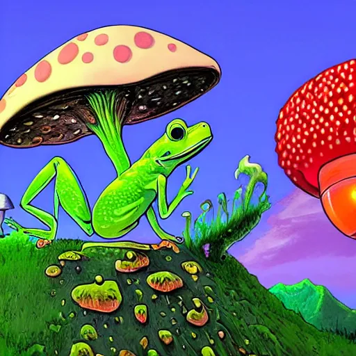 Image similar to A close up portrait of a dignified psychedelic godlike anthropomorphic frog smoking an anime blunt , magic mushroom village in background . award winning. superb resolution. in the art style of junji Ito and greg rutkowski . Detailed Mushroom city in background. Hyper realistic anime. Perfect art. Dalle2