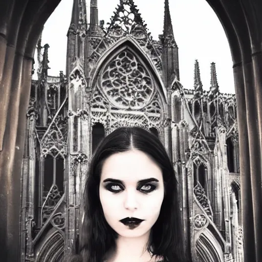 Image similar to landscape gothic girl dressed in black, perfect face, macro head shot, behind her a gothic cathedral, the windows of the cathedral are reflecting red flame lights, delicate mandala intricate ornaments