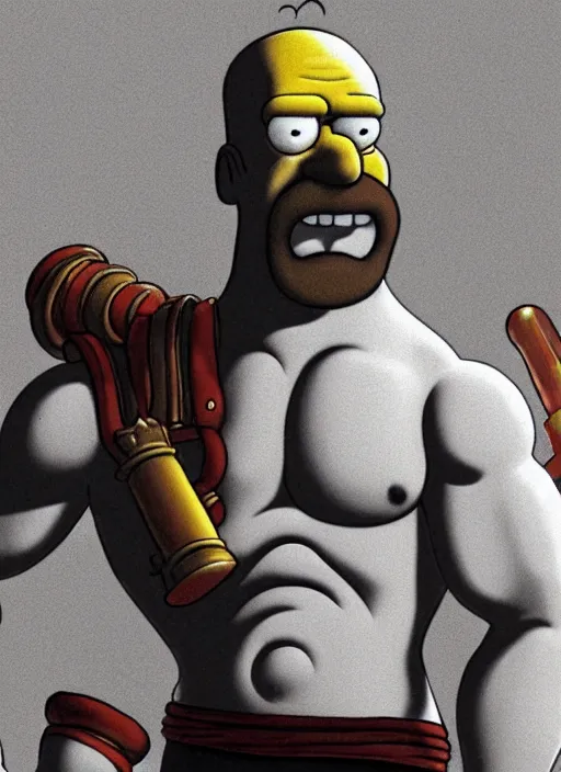 Prompt: chalk white smiling Homer Simpson:: depicted as Kratos God of War, high detailed official artwork, Matt Groening cartoon art