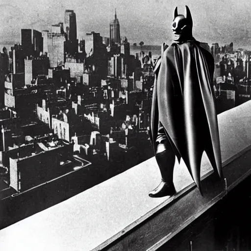 Image similar to old black and white photo, 1 9 1 3, depicting batman from dark knight on top of buildings of new york city, rule of thirds, historical record