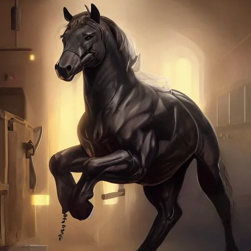 Image similar to splash art of a super buff black - coated anthropomorphic horse character in a research facility wearing a leather combat suit, long hair, exaggerated muscles, highly detailed, furry, furaffinity, digital painting, artstation, sharp focus, illustration, art by artgerm, greg rutkowski, alphonse mucha