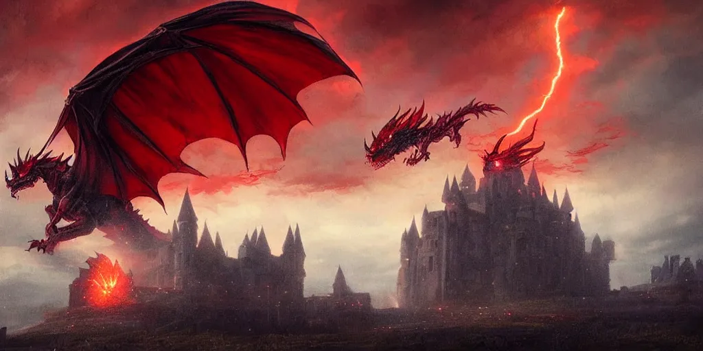 Prompt: A huge red dragon swoops past an imposing medieval castle, breathing fire, dark fantasy, stormy sky, lightning, digital art by Greg Rutkowski and Studio Ghibli