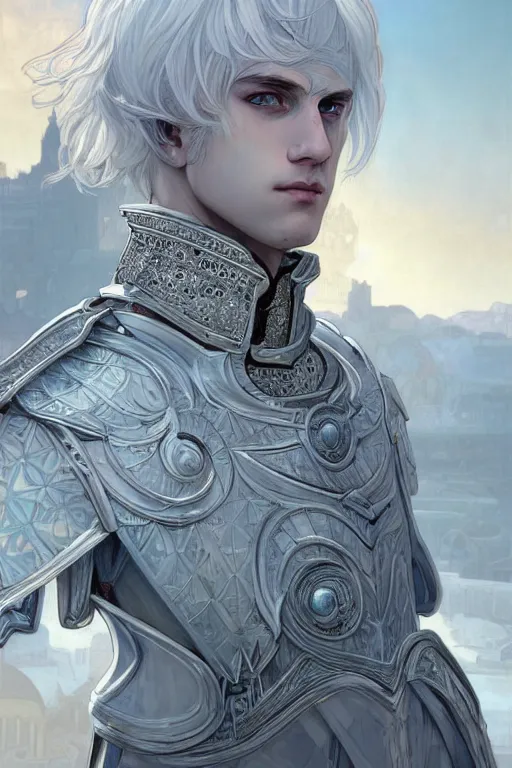 Prompt: portrait white hair knights of Zodiac boy, Sliver ice color reflected armor, in ruined Agora of Athens Sunrise, ssci-fi and fantasy, intricate and very very beautiful and elegant, highly detailed, Frostbite Engine, digital painting, artstation, concept art, smooth and sharp focus, illustration, art by tian zi and WLOP and alphonse mucha