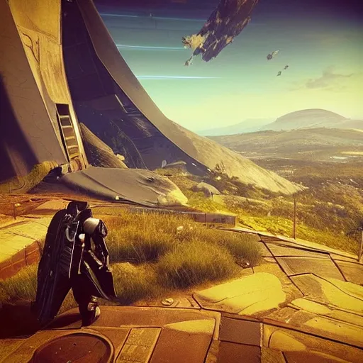 Image similar to “looking out over a vista. In the distance is a large forerunner structure in the style of a Destiny 2 skybox. First person”