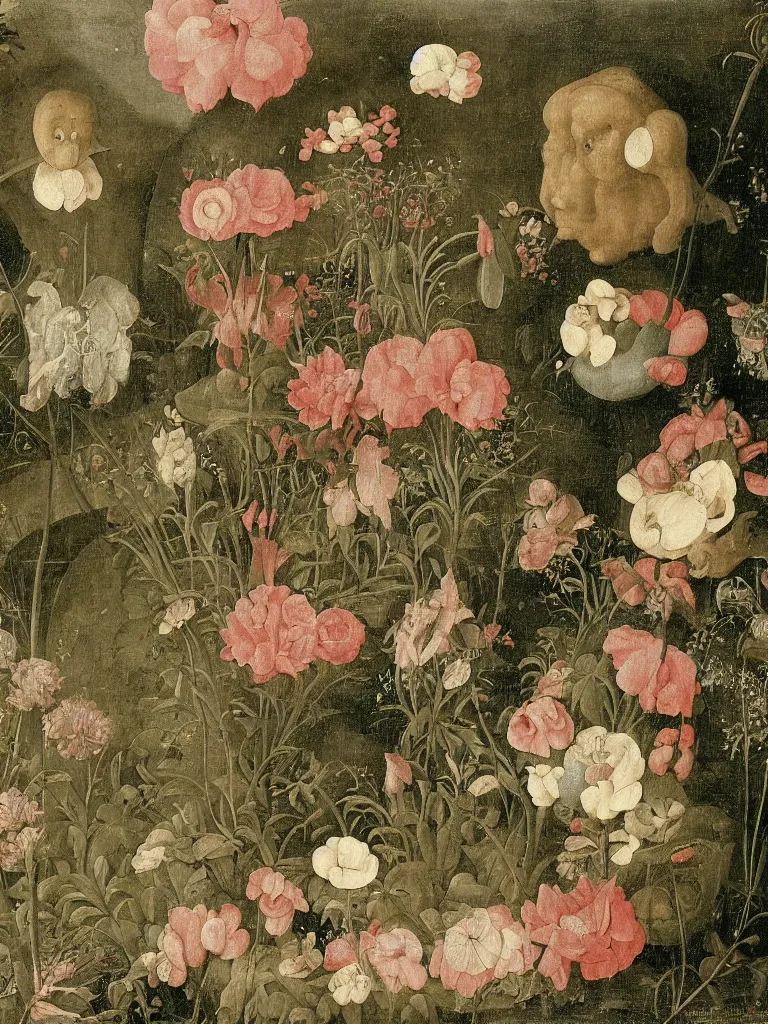 Image similar to beautiful large flowers in a garden, in the style of hieronymus bosch,